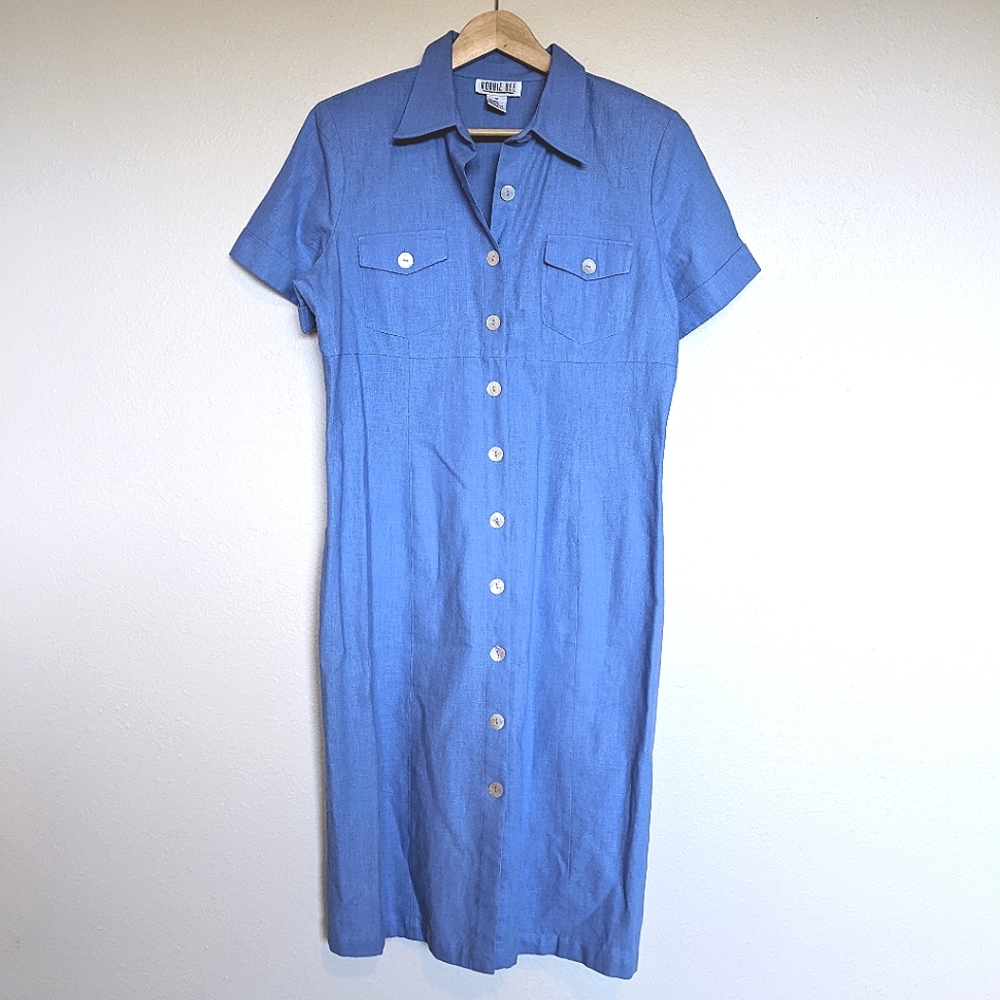 Vintage Linen-blend Midi Dress Robbie Bee blue button-up Sz large spring coastal
